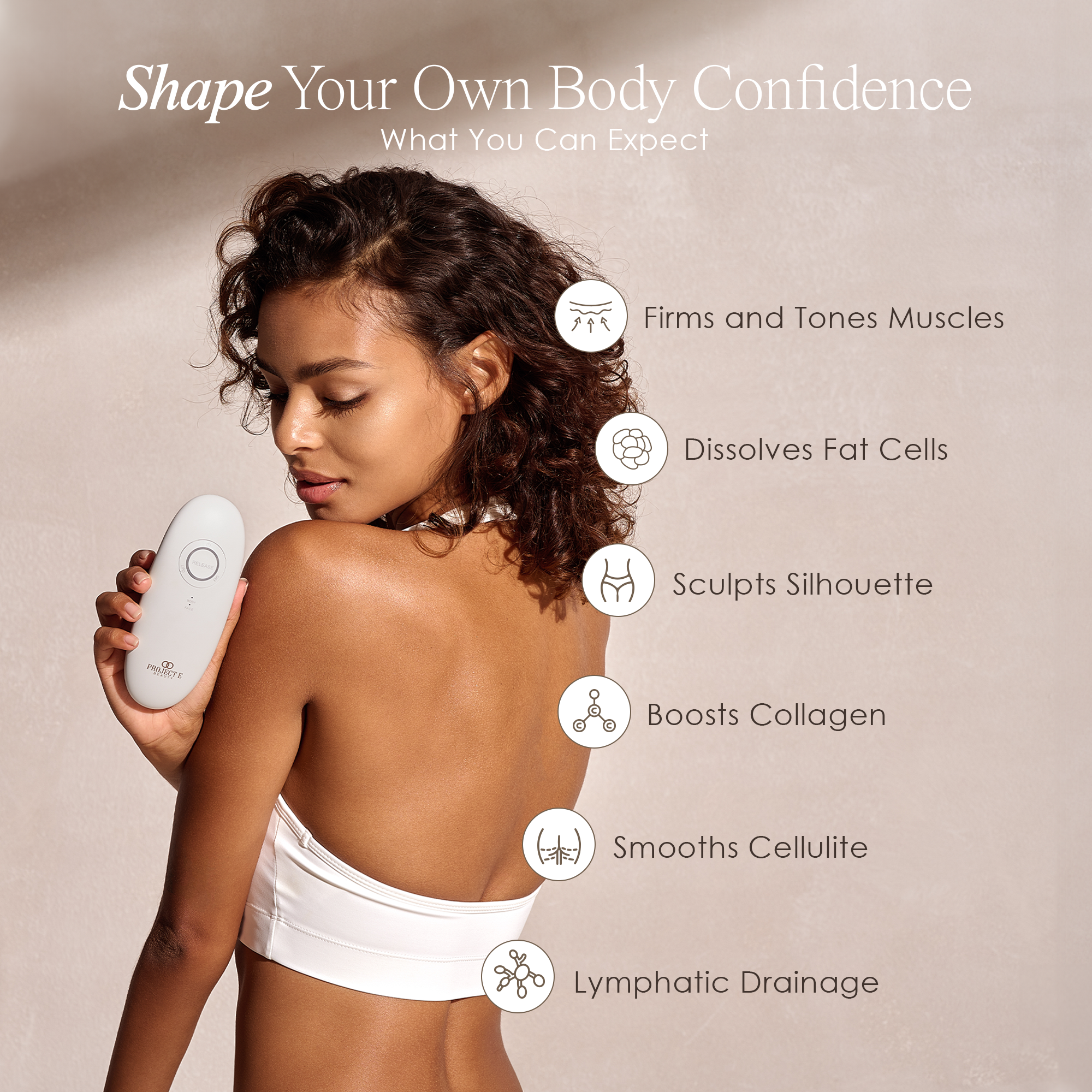 Close-up of woman using handheld SERA device on thigh to contour skin
