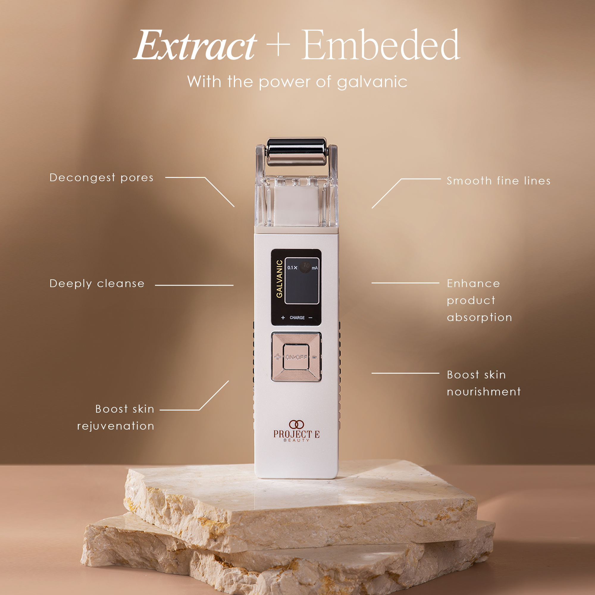 An infographic for a "Project E Beauty" galvanic skin care tool, showing its benefits like deep cleansing and enhancing product absorption.